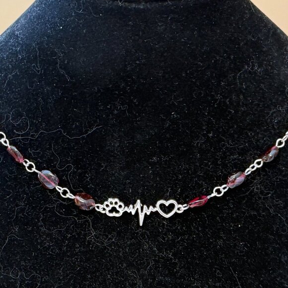 Genuine Garnet Short Necklace, Natural Gemstone w/ Paw Print Heart Beat Pendant - Picture 3 of 15